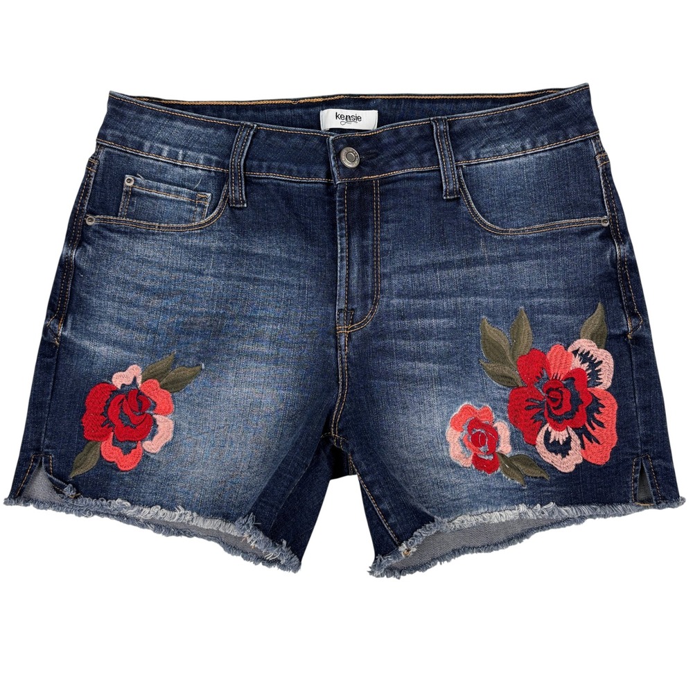 Kensie Denim Shorts‎ Floral Embroidered Raw Hem Size 6 Boho Festival
